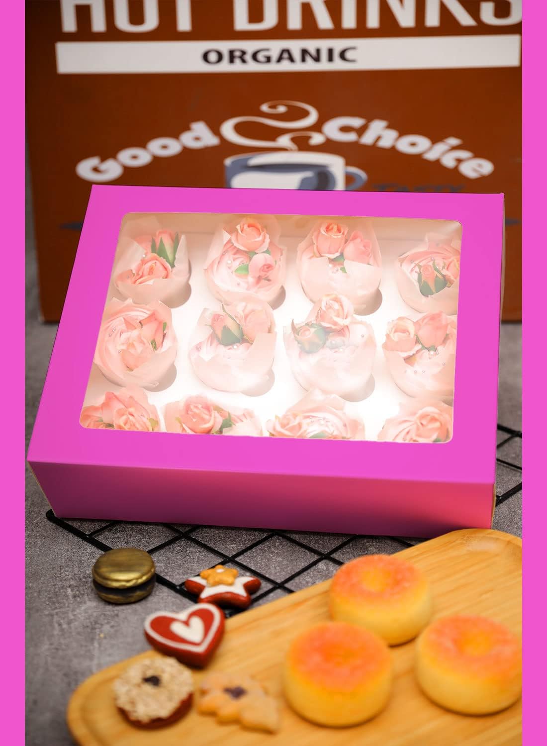 Bakepacker Auto-pop Up Cupcake Boxes with Window White 20PCS 12 Count Cupcake Box 13"x10"x3.5" Cupcakes Carrier, 12 Cupcake Containers with rolls of pink ribbons