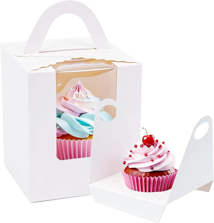 100 Pack Pink Cupcake Boxes Individual with Window, Inserts and Handle, Single Cupcake Containers for Cupcakes, Muffins, Donuts, Cookies, 3.6 x 3.6 x 4.3 Inch