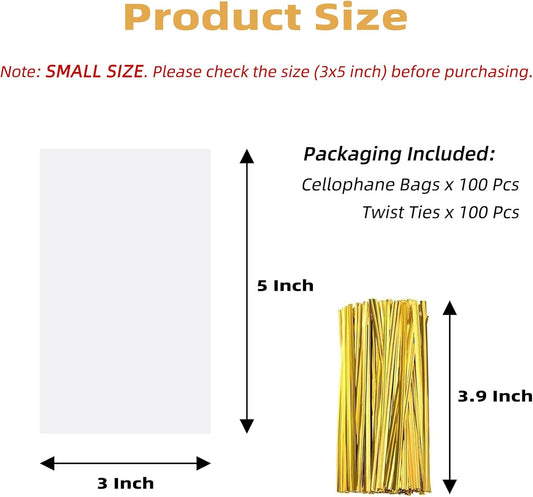Yotelab Cellophane Treat Bags, Small 4x6 Inches Cellophane Bags With Twist Ties,100 Pcs