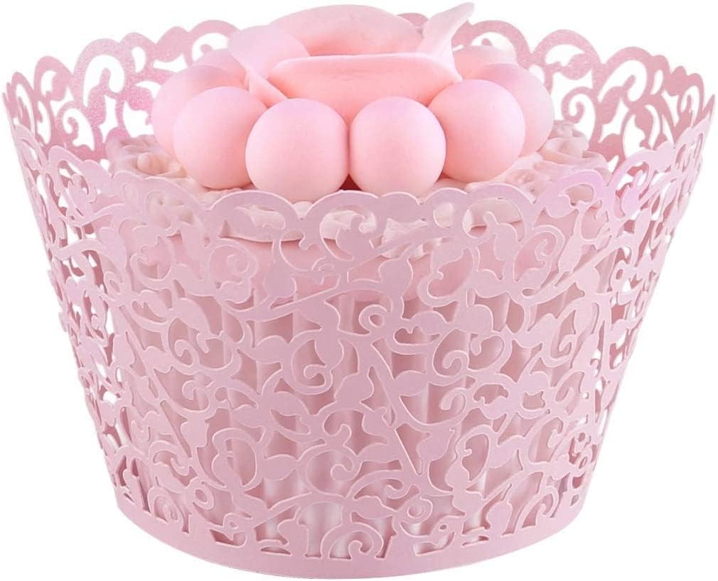 50 Pcs White Pearl Lace Laser Cut Filigree Wedding Cupcake Wrapper Baking Cake Cups Wraps Cupcake Muffin Case Trays for Special Occasions