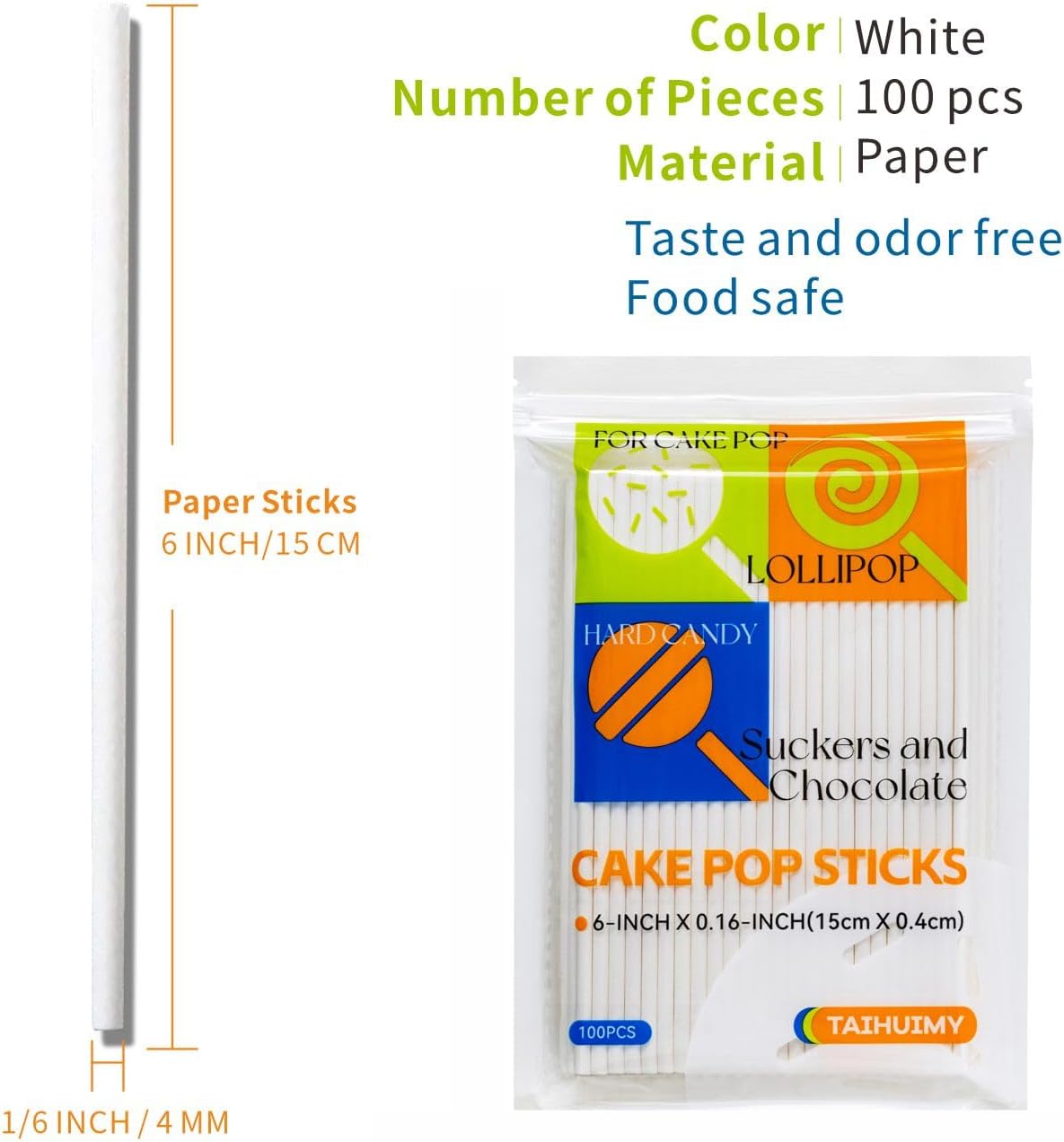 200 Count 6 INCH White Paper Lollipop and Cake Pop Sticks,Sucker Sticks for Cookies,Rainbow Candy,Chocolate,Cake Topper(Dia 4mm)