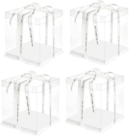 10 Inch Clear Cake Box,2 Pcs 10" X 10" X 9" Transparent Cake Box with Ribbon for 8" Cakes-Clear Tall Cake Boxs- Gift Boxes with Lid for Wedding Party and Gift Display (White-2 Set)