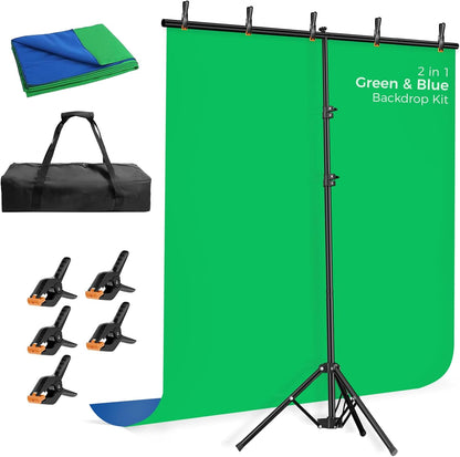 EMART Green Screen Backdrop Kit with Reverse Folding Base, 5x6.5ft Photo Greenscreen Background with Portable T-Shape Stand and 6 Clamps for Photography, Photoshoot, Studio Video Recording, Streaming