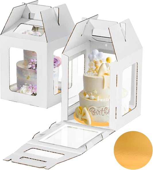 Yeplan 2 Packs Tall Cake Boxes with Cake Board,10x10x12 Inches Large Tiered Cake Carriers with Clear Windows and Handle, Cake Containers for Birthday, Wedding, Party and Festival