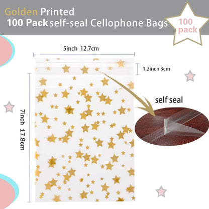 100 Pcs Star Printed 5"X 7" Gift Wrap Cello Cellophane Treat Bags Party Favor bags Clear Candy Cookie Bag Plastic Poly Goodie Storage Bag with Twist Ties for Bakery,Birthday, Wedding ,Party Decorations (Gold)