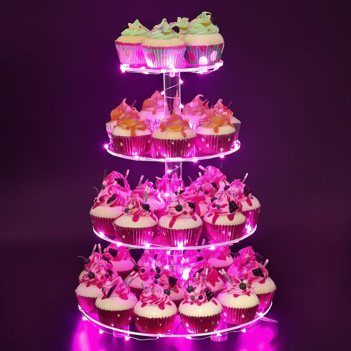 YestBuy Cupcake Stand with Yellow Led Lights, 4 Tier Cupcake Stand for 50 Cupcakes, Acrylic Cupcake Tower Stand, Clear Tiered Cupcake Holder for Birthday Cady Bar Décor Weddings, Parties Events
