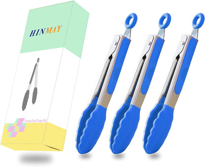 HINMAY Small Silicone Tongs 7-Inch Mini Serving Tongs, Set of 3 (Black Gray White)
