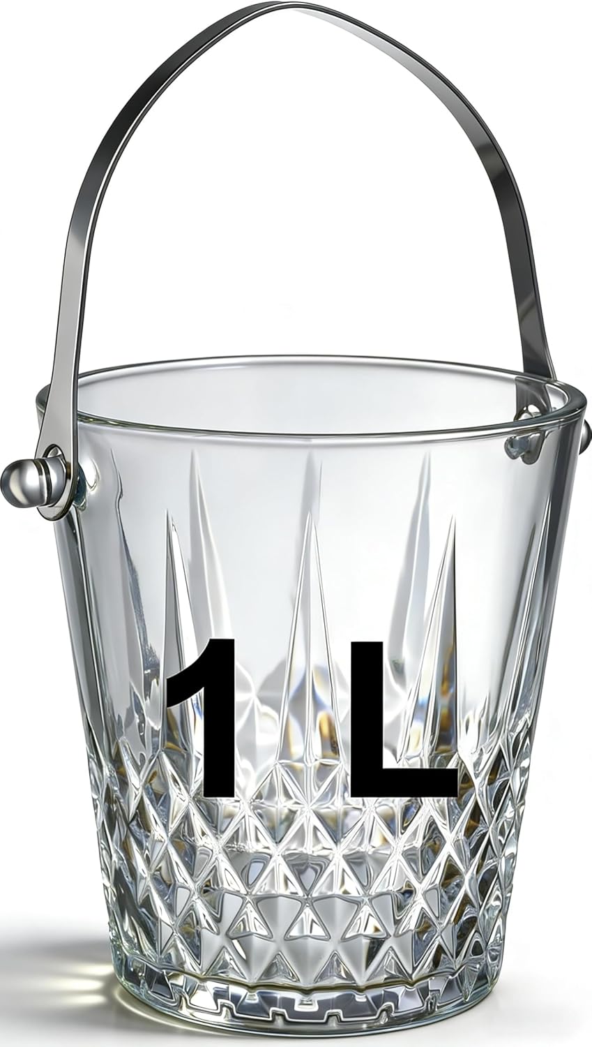 Glass Ice Bucket with Handle and Stainless Steel Tongs - Glass Ice Buckets for Party,Wine, Beer, Champagne, Cocktail Bar, Mini & Portable, 1000ml