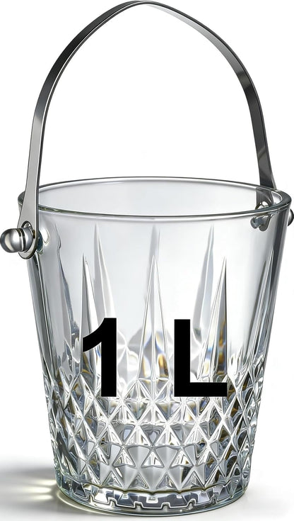 Glass Ice Bucket with Handle and Stainless Steel Tongs - Glass Ice Buckets for Party,Wine, Beer, Champagne, Cocktail Bar, Mini & Portable, 1000ml