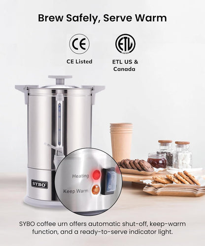 SYBO 6L Commercial Coffee Maker, Stainless Steel Coffee Urn With Cool-Touch Handles, Electric Coffee Pot Hot Beverage Dispenser, Quick-Brewing Coffee Urn, For Events,Party & Catering - 45 Cup