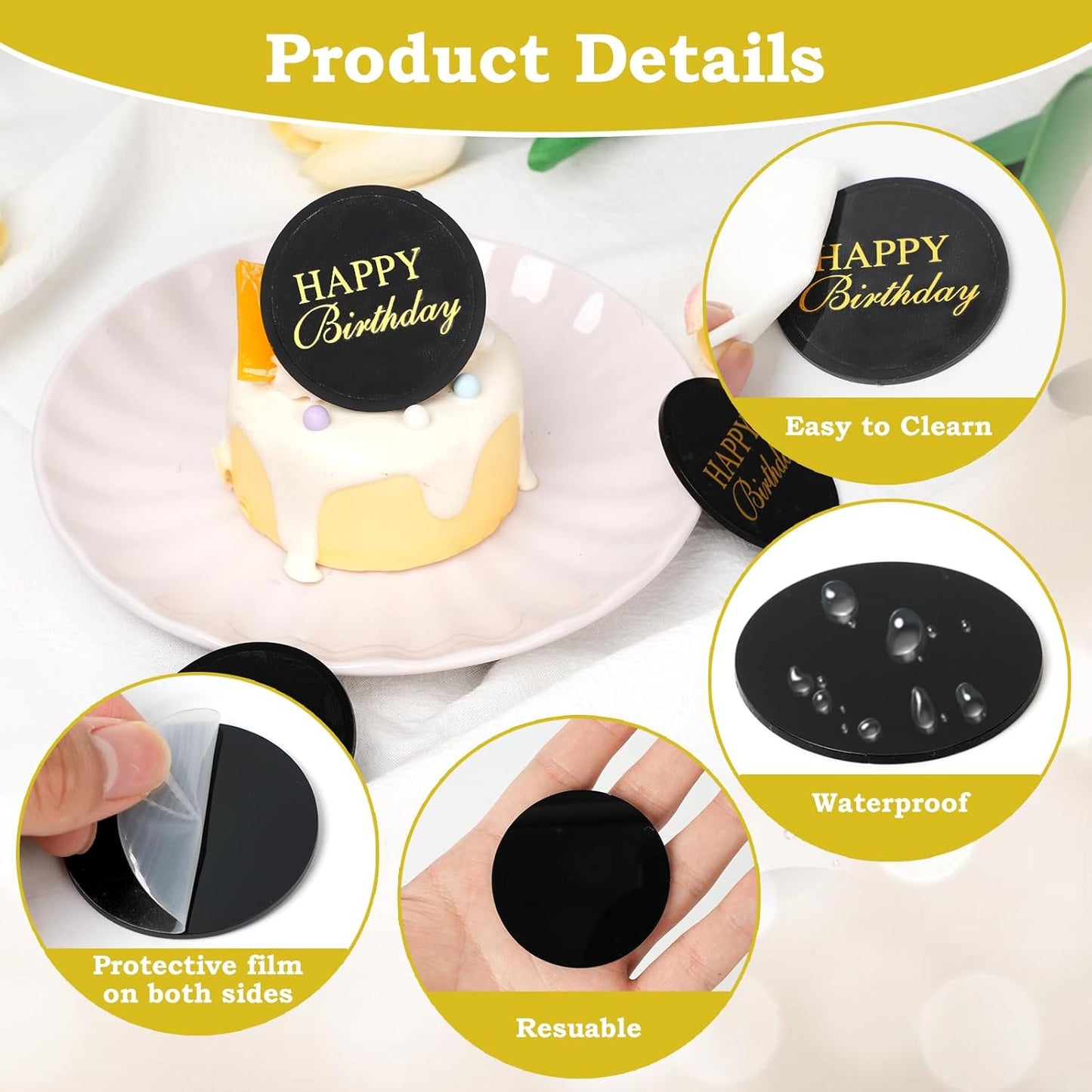 20pcs Gold Mirror Acrylic Happy Birthday Cupcake Toppers Round Engraved Cake Picks Happy Birthday Cake Toppers for DIY Birthday Gift Flower Bouquet Pastries Desserts Decor