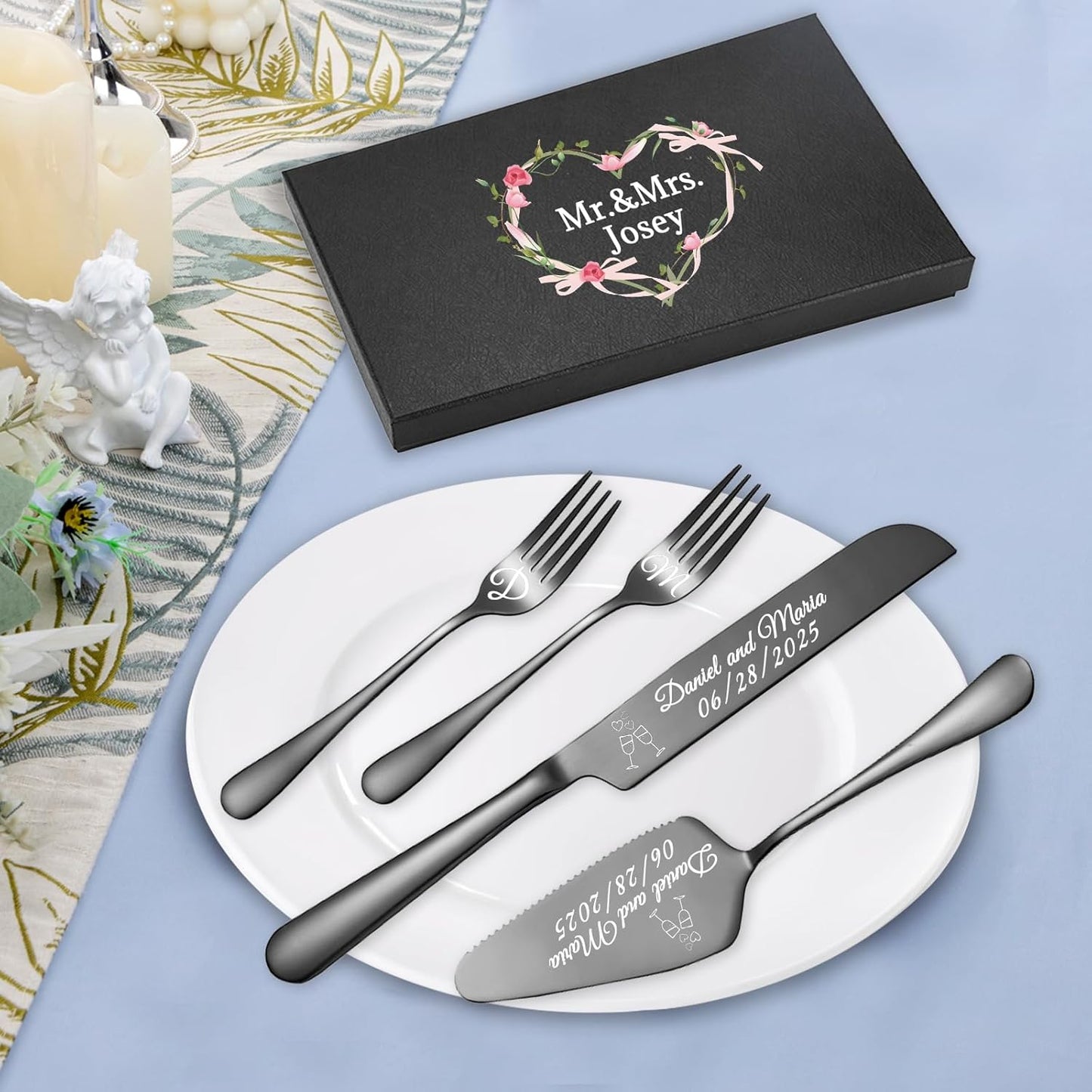 Personalized Wedding Cake Knife and Server Set, Wedding Gold Cake Cutting Set with Stainless Steel Forks, Customized Bridal Anniversary Birthday Wedding Registry Gifts for Couple (Non-customized)