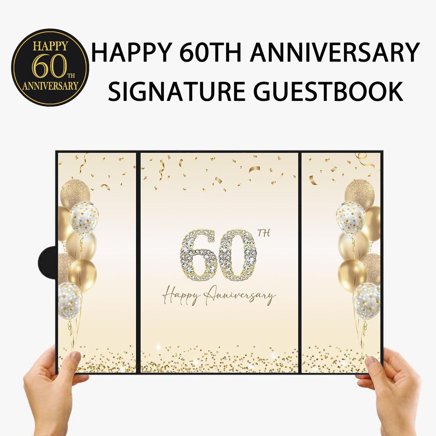DARUNAXY Black Gold Happy Anniversary Party Decorations, Happy Anniversary Alternative Signature Guest Book Wedding 1st 10th 40th 50th Anniversary Signing Card Board Party Supplies