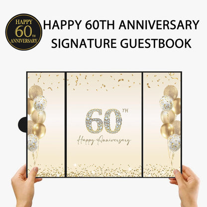 DARUNAXY Black Gold Happy Anniversary Party Decorations, Happy Anniversary Alternative Signature Guest Book Wedding 1st 10th 40th 50th Anniversary Signing Card Board Party Supplies