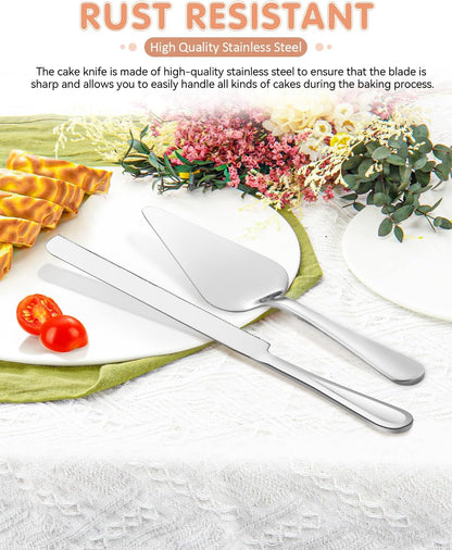 13-Inch Premium Cake Cutting Set for wedding，Exquisite Cake Knife and Server Set with Serrated Design, Ideal for Pastries, Pies, and Desserts (Silver)