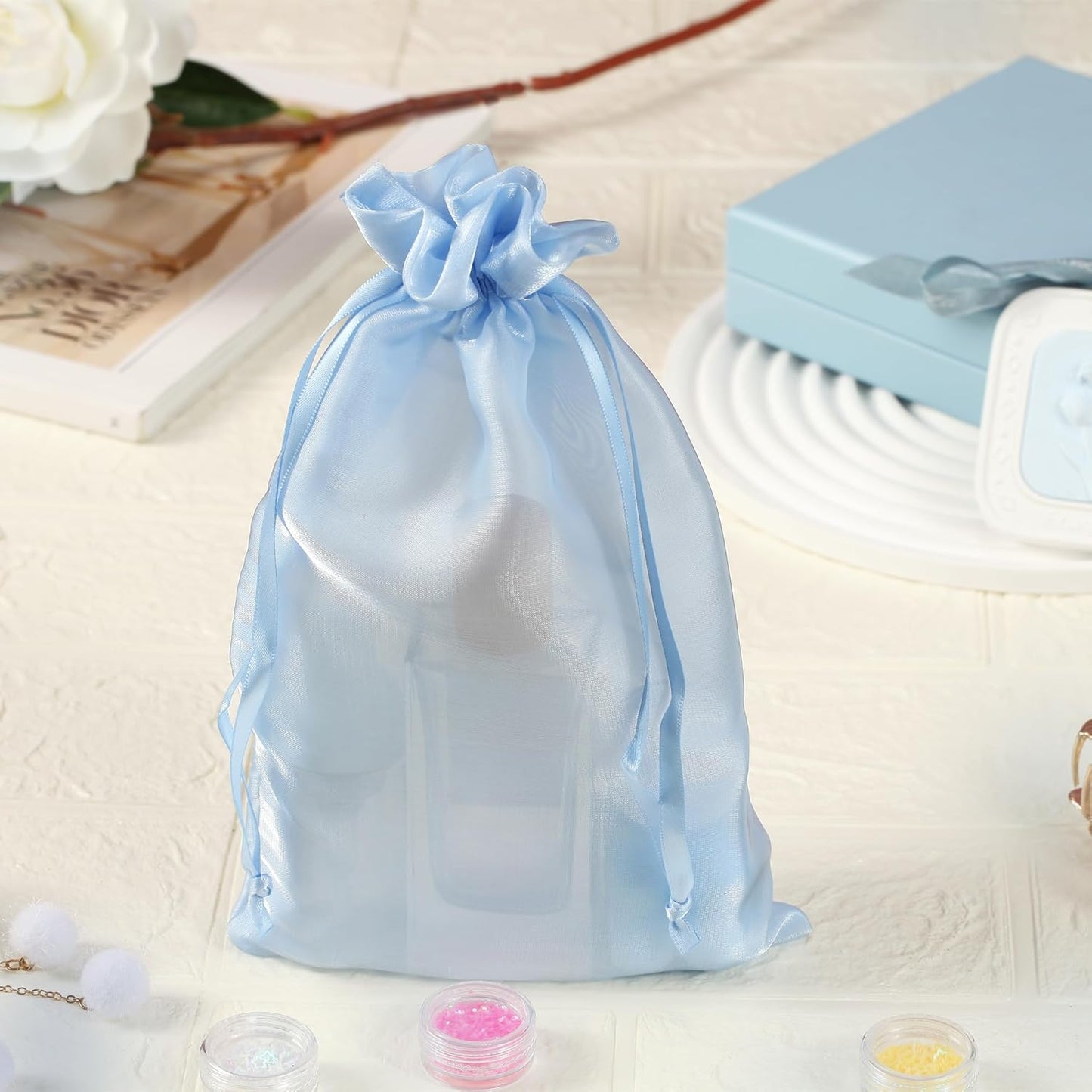 QIANF 20 Pcs Peacock Blue Small Organza Bags 3X4 inch for Wedding Favors with Drawstring, Mini Mesh Gift Bags Jewelry Pouch for Candy Bridal Shower Party Favor Baby Shower Christmas
