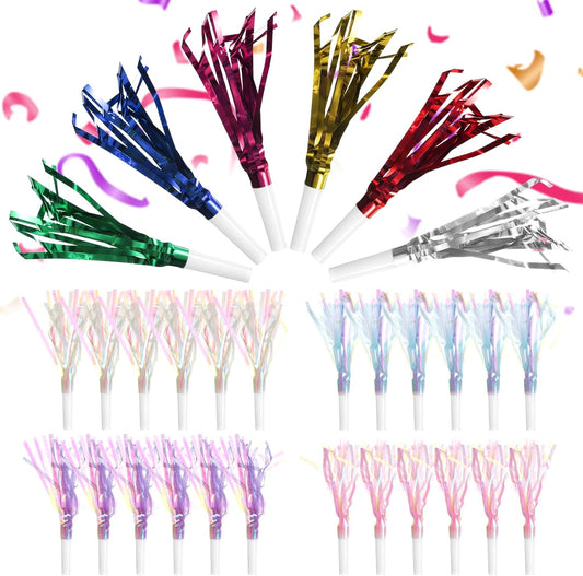 30 pcs Party Blowers Blowouts Noise Makers Metallic Fringed Party Horns Glitter Tassel Noisemakers Horn Whistles Blow Out for Birthday Graduation Sporting Wedding Favors Supplies New Years Eve