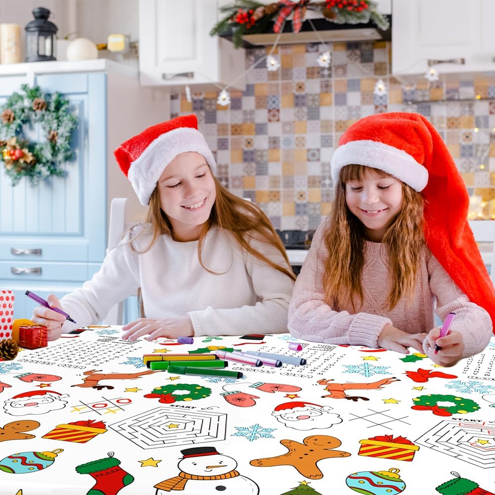 Labeol 1 Pack Christmas Tablecloth, 108"x 54" Christmas Coloring Tablecloth for Kids, Santa Claus Snowman Reindeer Maze Color-in Paper Table Cover for Winter Party Arts and Crafts