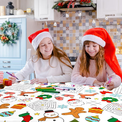 Labeol 1 Pack Christmas Tablecloth, 108"x 54" Christmas Coloring Tablecloth for Kids, Santa Claus Snowman Reindeer Maze Color-in Paper Table Cover for Winter Party Arts and Crafts
