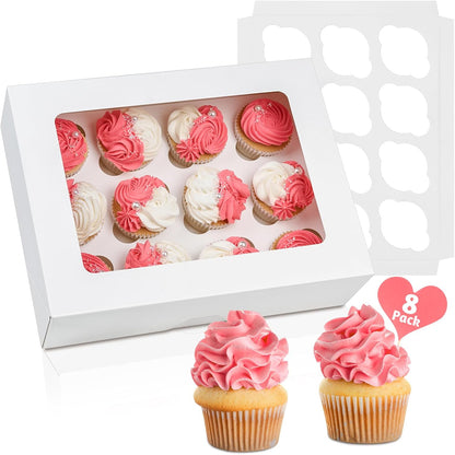 ZORRITA 12 Count Cupcake Boxes, 4 Pack Auto-Popup White Cupcake Containers with Window and Inserts Cupcake Carrier with Holders to Fit Dozen Cupcakes and Muffins