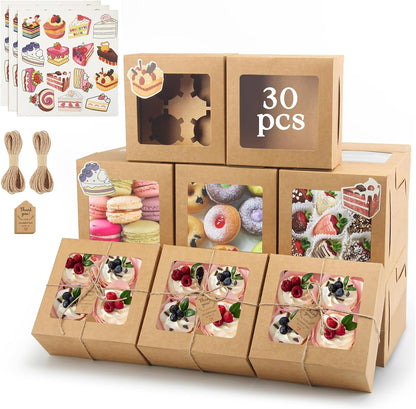 OAMCEG 50 PCS Cupcake Boxes with Window, 6x6x3 Inch Cookie Boxes, Bakery Treat Boxes for Pastry, Dessert, Chocolate Strawberries, Cupcake Containers, Gift Giving with Stickers & Twine （Brown）