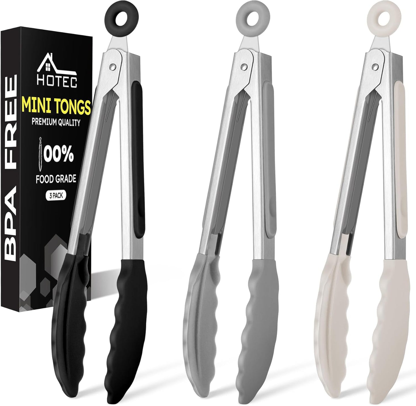 Hotec Mini Silicone Kitchen Tongs for Cooking - 7-Inch Small Serving Tongs with Silicone Tips, Set of 3 (Blue)