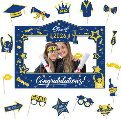 Graduation Decorations Class of 2026 Photo Booth Props - Blue and Gold 2026 Graduation Frame & Photo Props Congrats Grad Class of 2026 Decor for Graduation Party Supplies