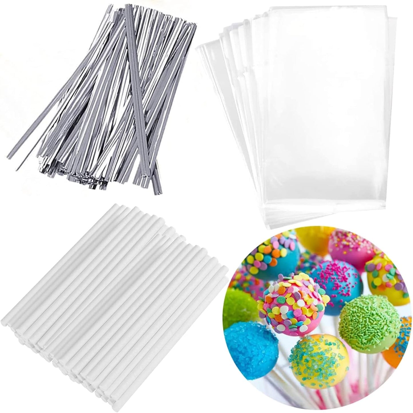 300PCS Lollipop Cake Pop Treat Bag Set Including 100pcs Parcel Bags, Papery Treat Sticks, Gold Metallic Twist Ties for Making Candies, Chocolates and Cookies