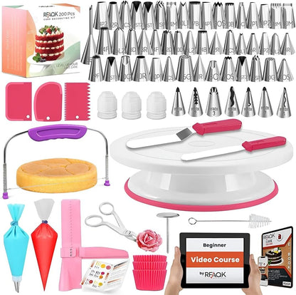 RFAQK 90PCs Cake Decorating Kit with Leveler, Baking Supplies Gift Includes Cake Stand Turntable, 24 Numbered Icing Tips, 55+1 Piping Bags, 2 Frosting Spatulas, 3 Scrappers, Video Course & Booklet