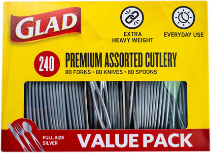 Glad Clear Disposable Cutlery Set with Heavy Duty Plastic Forks, Knives, and Spoons, Reusable Dishwasher Safe Plastic Utensils for Parties and Everyday Use, 240 Count