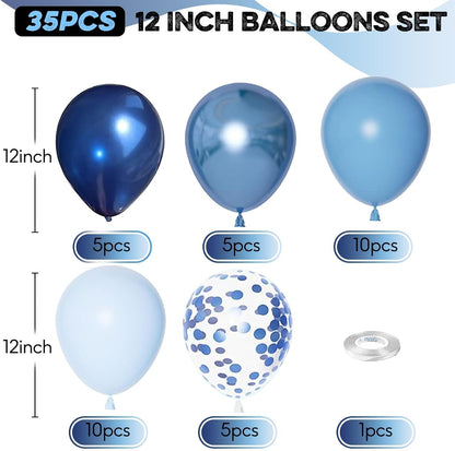 Blue Silver Balloons Set, 12 Inch Blue and Silver Balloons Dark Navy and Confetti Party Latex Balloon, Macaron Metallic Baby Blue Mixed Balloon for Birthday Graduation Baby Shower Wedding Retirement