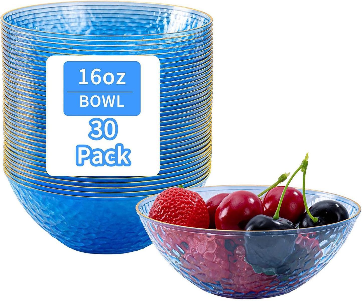 Tinybee 30 Pack Pink Plastic Bowls - Pink Disposable Bowls for Party with Gold Rim, 16-20oz Premium Hammered Bowls Disposable Heavy Duty, Plastic Salad Bowls for Milk Cereals, Snacks, Salads