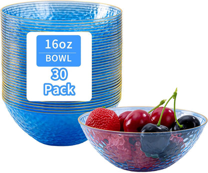 Tinybee 30 Pack Pink Plastic Bowls - Pink Disposable Bowls for Party with Gold Rim, 16-20oz Premium Hammered Bowls Disposable Heavy Duty, Plastic Salad Bowls for Milk Cereals, Snacks, Salads
