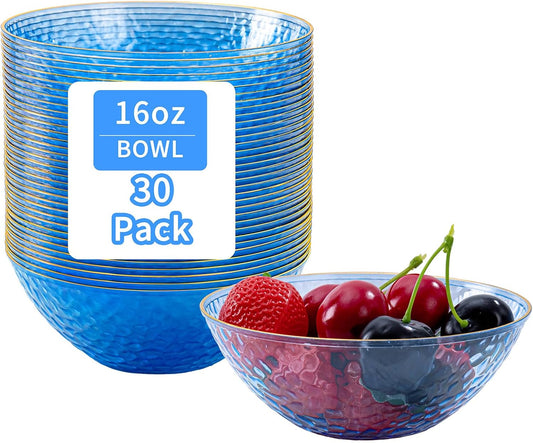 Tinybee 30 Pack Pink Plastic Bowls - Pink Disposable Bowls for Party with Gold Rim, 16-20oz Premium Hammered Bowls Disposable Heavy Duty, Plastic Salad Bowls for Milk Cereals, Snacks, Salads