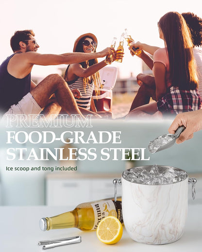 Insulated Ice Bucket, 3L Double Wall Stainless Steel Ice Bucket with Tongs,Lid, Scoop and Strainer, Ice Buckets for Parties,Cocktail Bars, Chilling Beer, Champagne, Wine Bottles,Wood