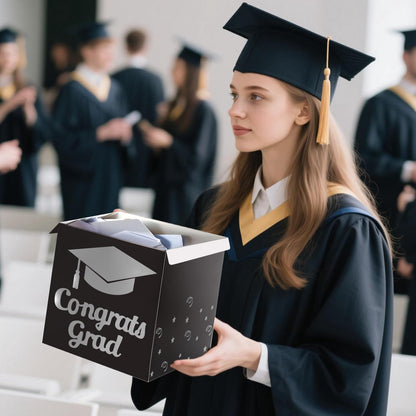 Graduation Card Box Holder, Congrats Grad Foldable Cardboard Decorations Box for Graduation Party Decoration and Grad Parties (Black)