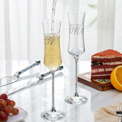 Wedding Cake Knife and Server Set, Wedding Cake Cutting Set with Mr and Champagne Flutes Glasses for Bride and Groom Gifts for Couples
