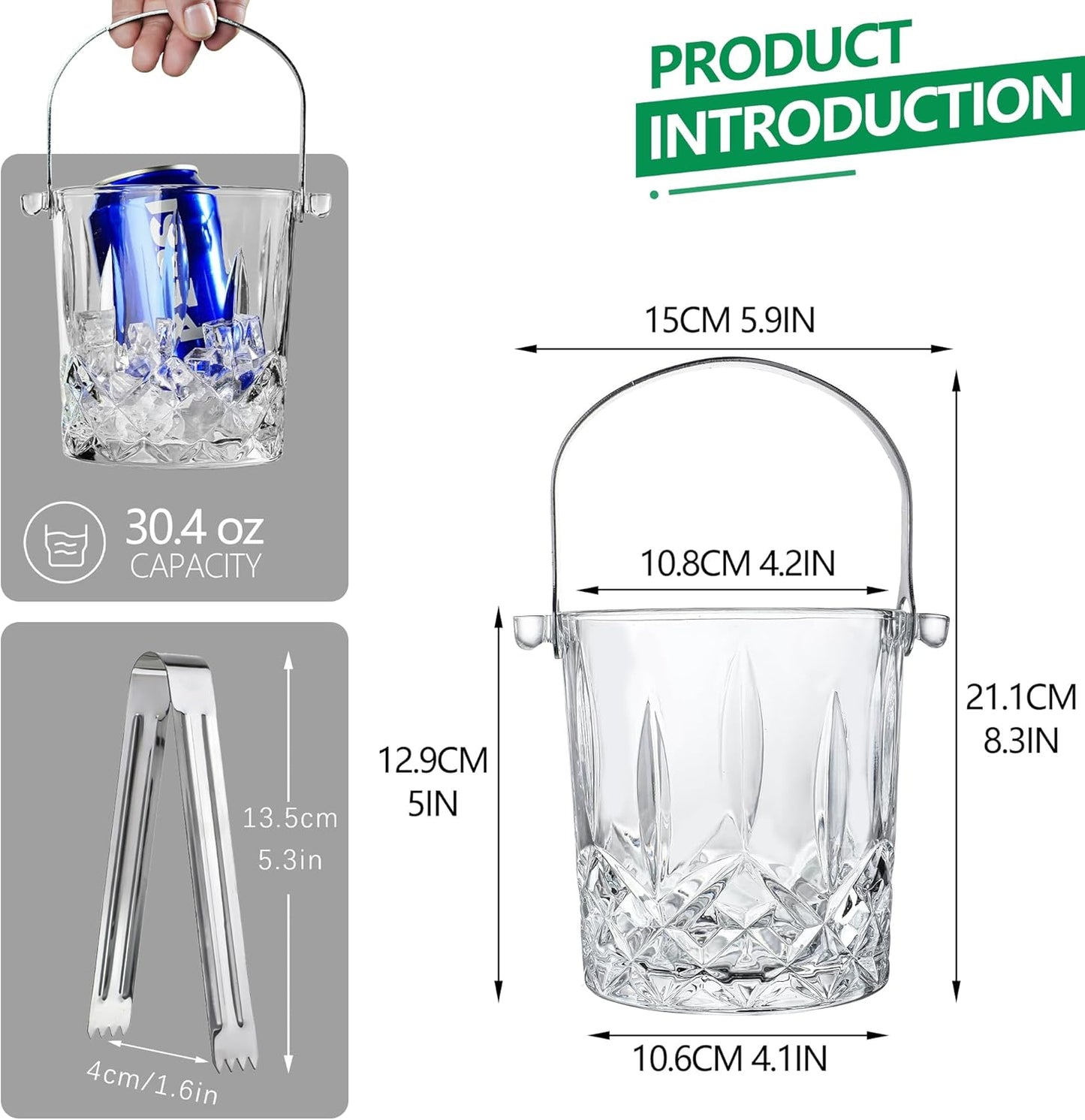 Glass Ice Bucket with Handle and Ice Tong Holds 37oz of Ice Clear Crystal Ice Buckets for Cocktail Bar Wine Home Bar Accessories Parties Clear Champagne Bucket