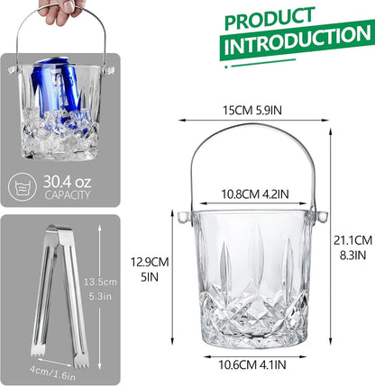 Glass Ice Bucket with Handle and Ice Tong Holds 37oz of Ice Clear Crystal Ice Buckets for Cocktail Bar Wine Home Bar Accessories Parties Clear Champagne Bucket