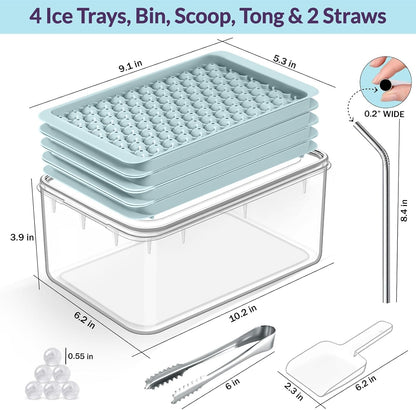 56pcs Ice Cube Tray with Lid and Bin – Stackable 4 Trays Plastic Silicone Freezer Mold, Large Ice Bucket with Scoop, Tong & 2 SS Straws – Easy Release Ice Maker for Cocktail, Coffee, RV, Whiskey