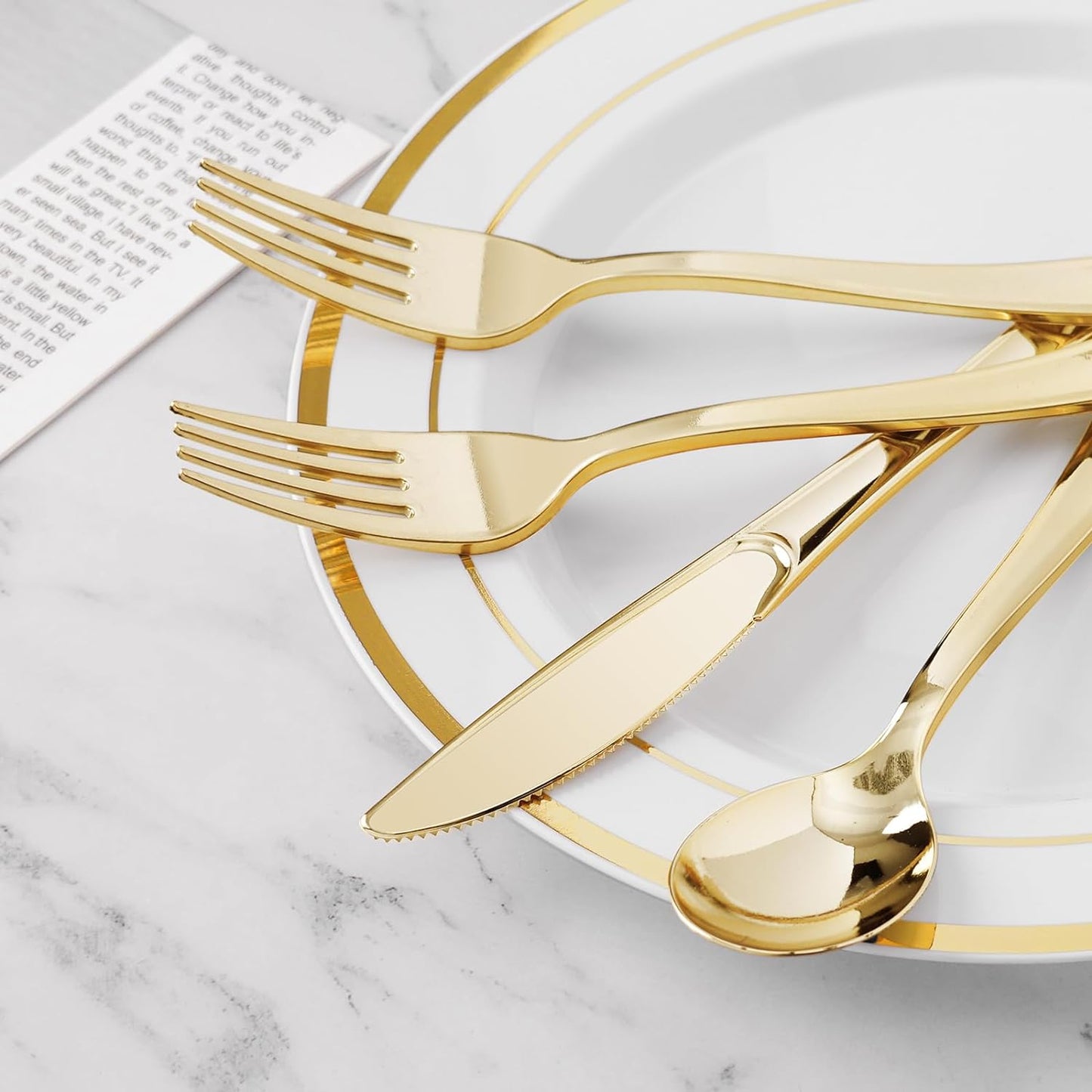 BESTVIP 60PCS Gold Plastic Silverware, Disposable Utensils, Heavy Duty Cutlery Set of 30 Forks, 15 Spoons, 15 Knives for Party, Christmas, Wedding, Catering and Daily Use