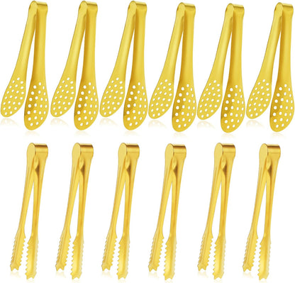 JCREN 12 Pcs Serving Tongs, Small Serving Utensils for Parties Catering Gold Tongs, Food-Grade 304 Stainless Steel Mini Appetizer Tongs for Tea Party Coffee Bar, 4 Inches - Gold