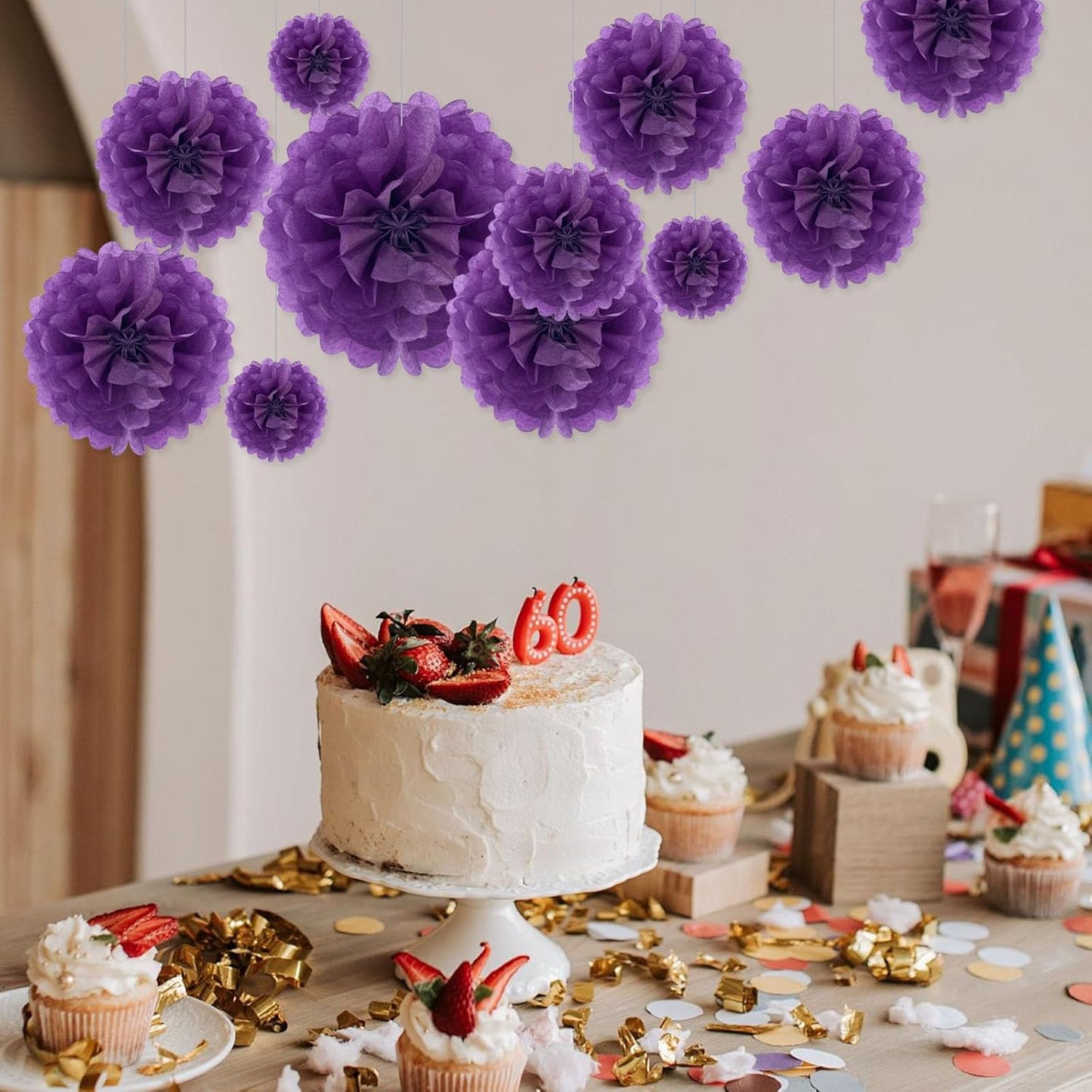 Tissue Paper Pom Poms, Pink Tissue Paper Flowers, Hanging Flower Balls for Weddings Fiesta Parties Birthday Baby Showers Classroom Bridal Shower Decoration (18Piece Set-6/10/12/14Inch)