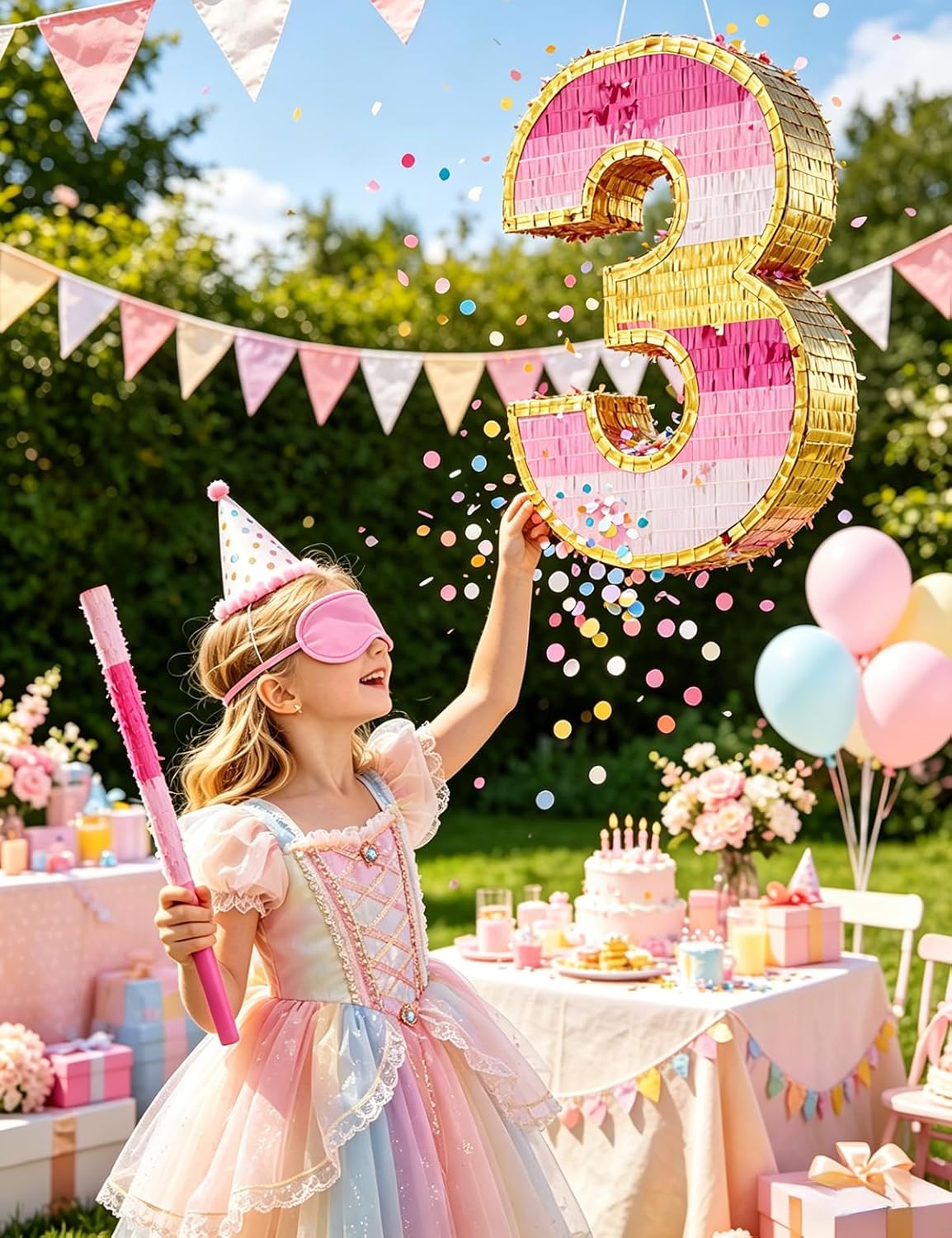 Number 5 Piñata with Stick, Blindfold & Confetti-Pink Piñata for Birthday Parties, Complete Party Game Set for Kids Girls-Gradient Pink Birthday Decor with Fillable Design(Small, 16.5 x 11.5 x 3 In)