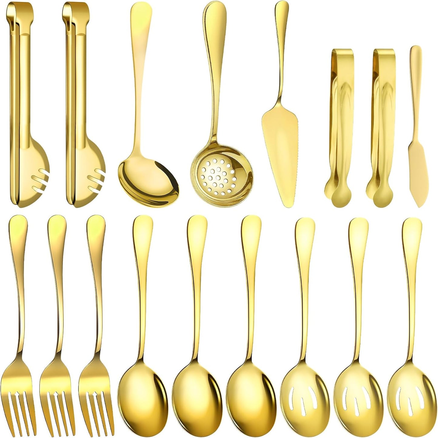 12 Pcs Gold Serving Utensils Set Include Stainless Steel Large Serving Spoons Slotted Spoons Forks Soup Ladle Pie Server - Metal Utensils for Parties Buffet Catering, Dishwasher Safe