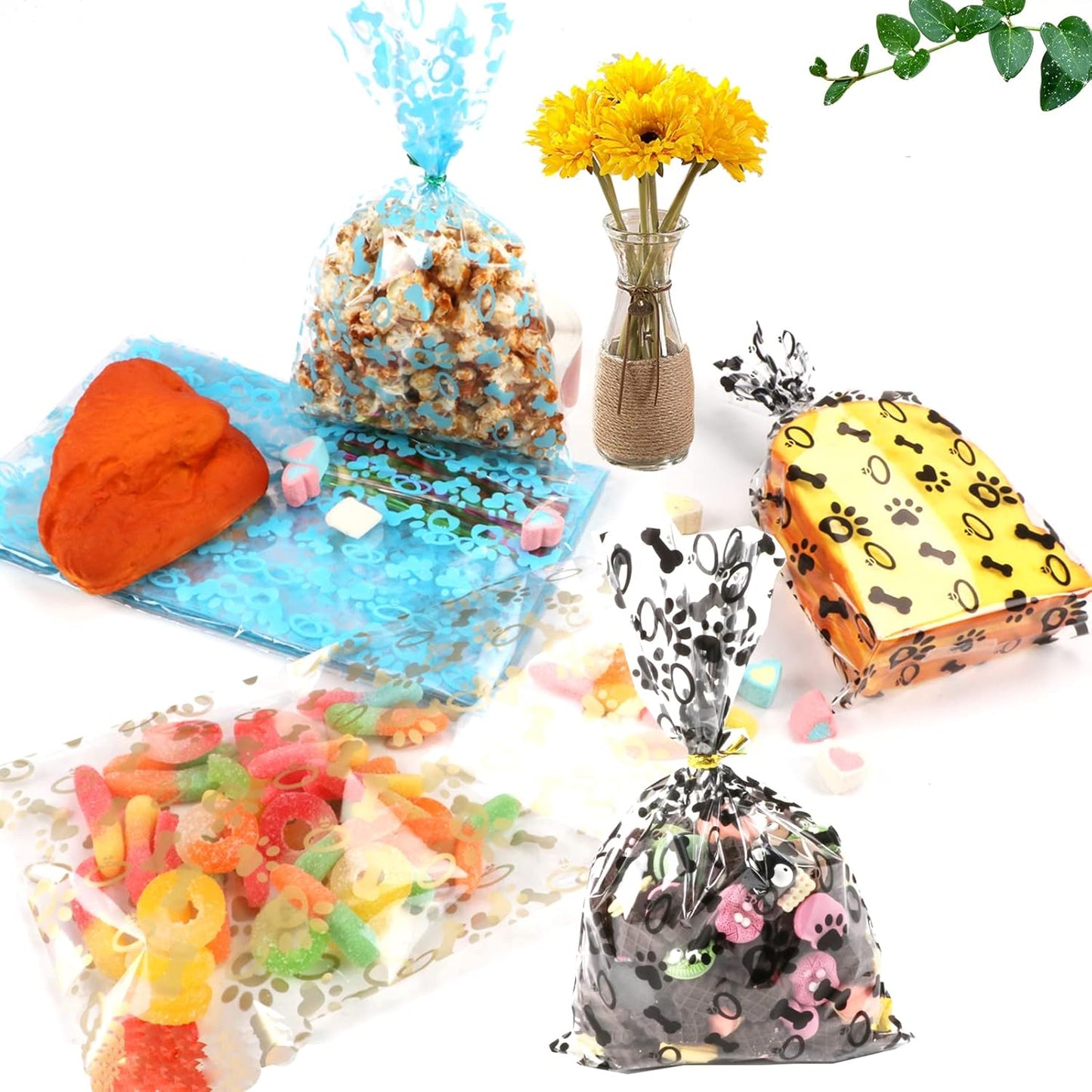 100 Pcs Star Printed 5"X 7" Gift Wrap Cello Cellophane Treat Bags Party Favor bags Clear Candy Cookie Bag Plastic Poly Goodie Storage Bag with Twist Ties for Bakery,Birthday, Wedding ,Party Decorations (Gold)