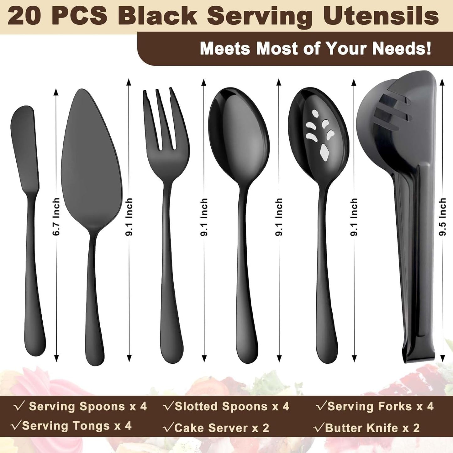BEWOS Serving Utensils, 20-Piece Large Serving set, Serving Spoons, Slotted Spoons, Serving Tongs & Forks, Cake Server, Butter Knife, Stainless Steel Serving Utensils Set for Parties, Dishwasher Safe