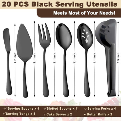 BEWOS Serving Utensils, 20-Piece Large Serving set, Serving Spoons, Slotted Spoons, Serving Tongs & Forks, Cake Server, Butter Knife, Stainless Steel Serving Utensils Set for Parties, Dishwasher Safe