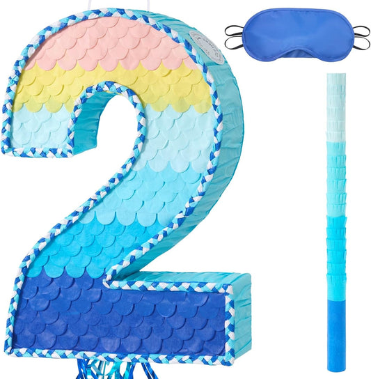 WERNNSAI Pink Sweet Four Piñata - Number 4 Piñata Happy Birthday Decoration Pink Rainbow Design Party Games for Girl Princess Baby Shower Party Favor with Blindfold Anniversary Celebration Supplies