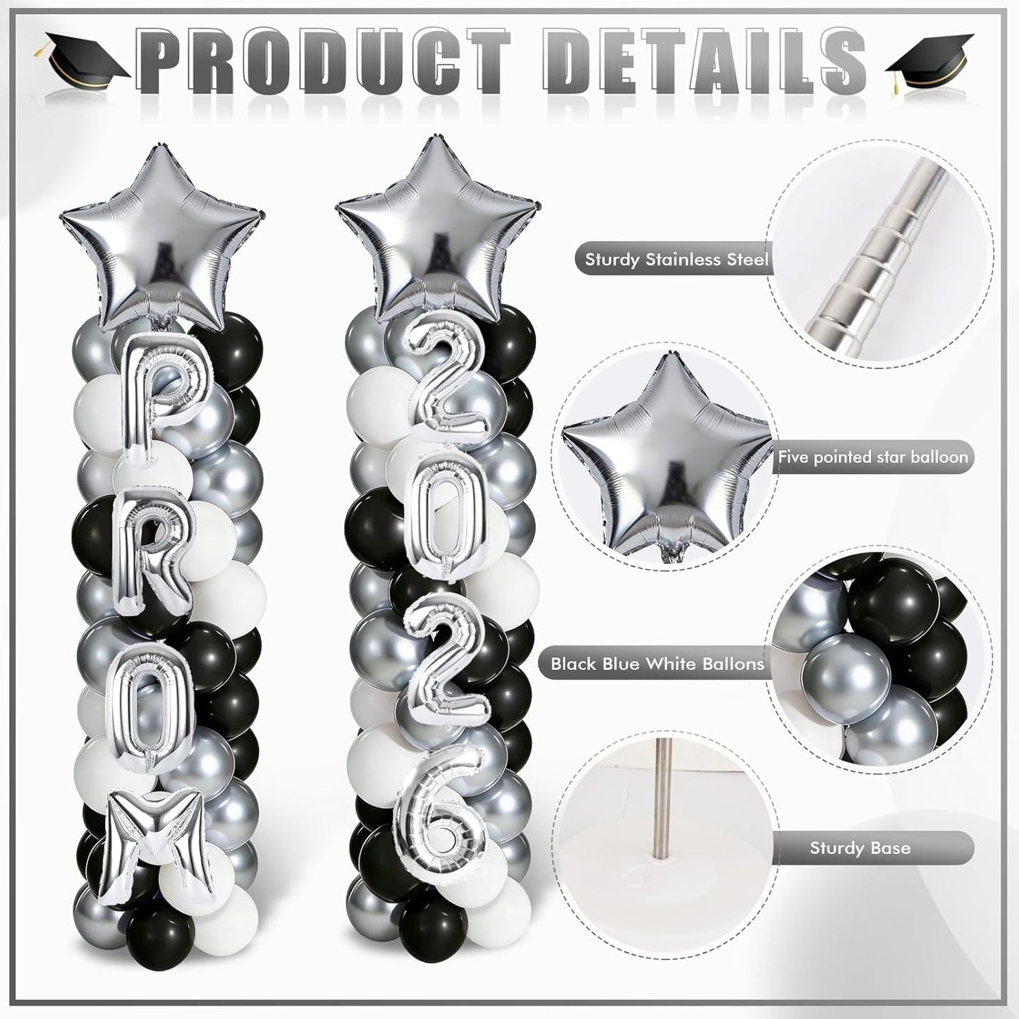 2 Sets Graduation Balloon Column Stand Kits with Balloons 2026 Grad Themed Decoration Navy Blue Balloon Tower Stand Kit for Grad High School & College Celebration Party Decor